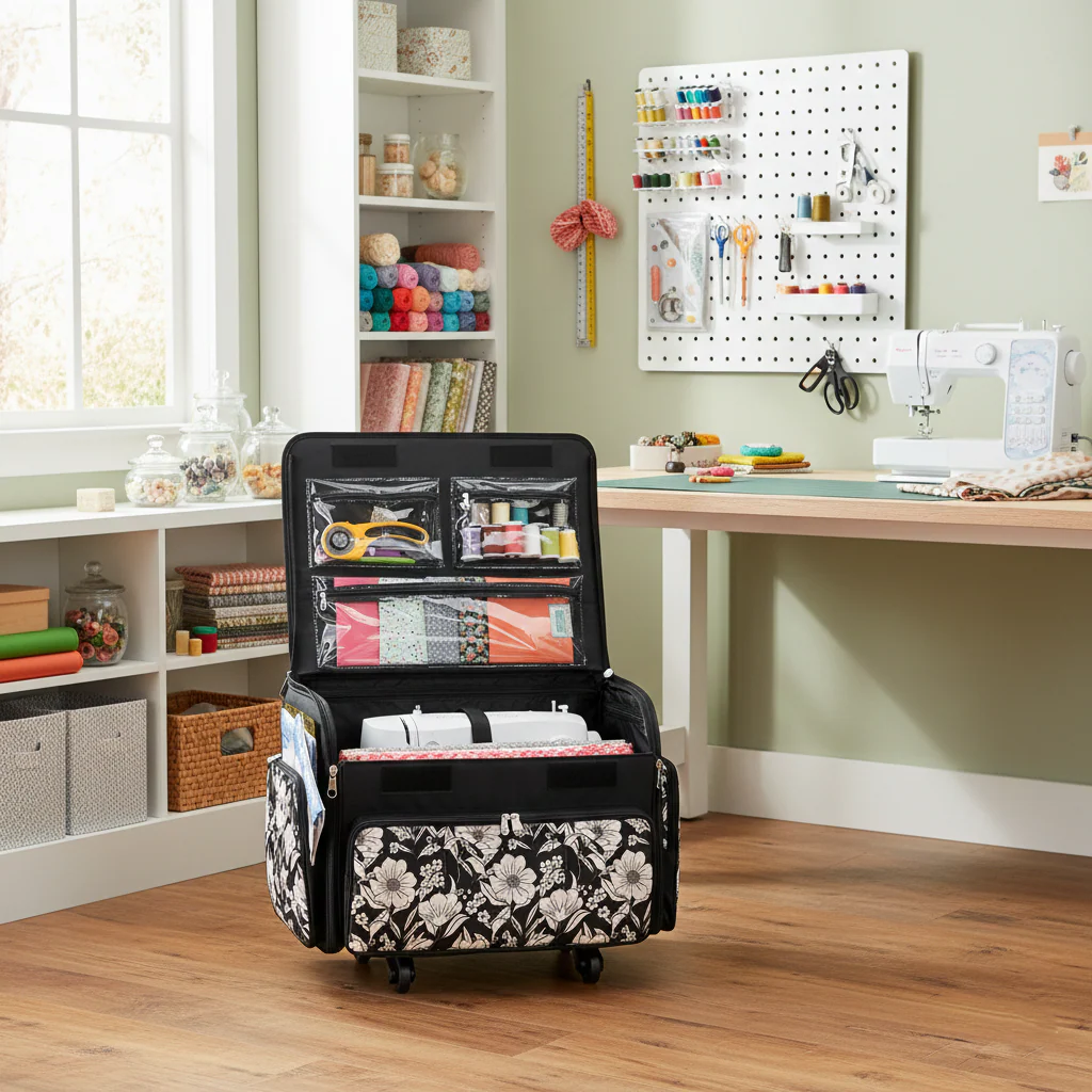 Everything Mary XL 4 Wheel Collapsible Rolling Sewing Machine Storage Case, Artistic Floral - Image 2
