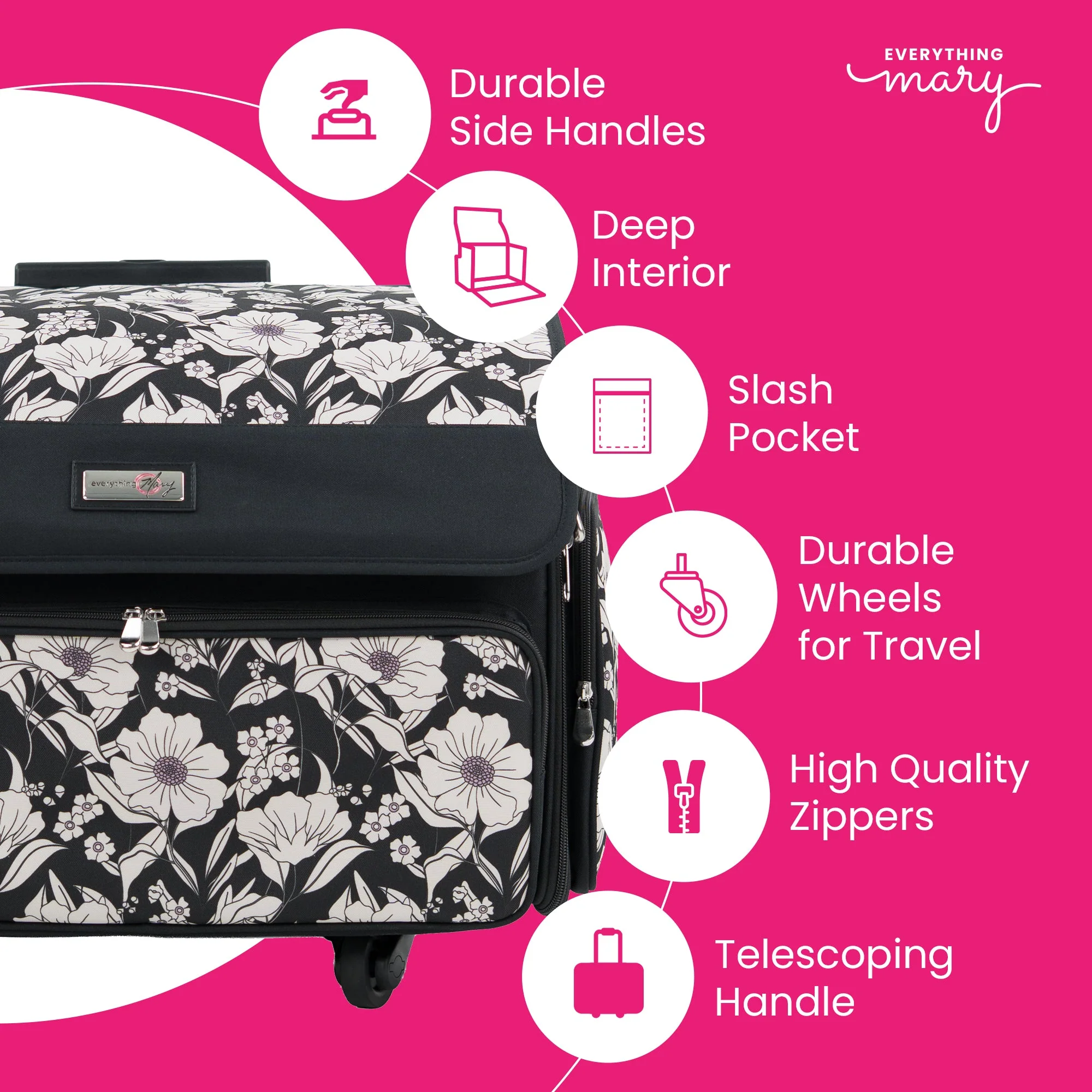 Everything Mary XL 4 Wheel Collapsible Rolling Sewing Machine Storage Case, Artistic Floral - Image 3