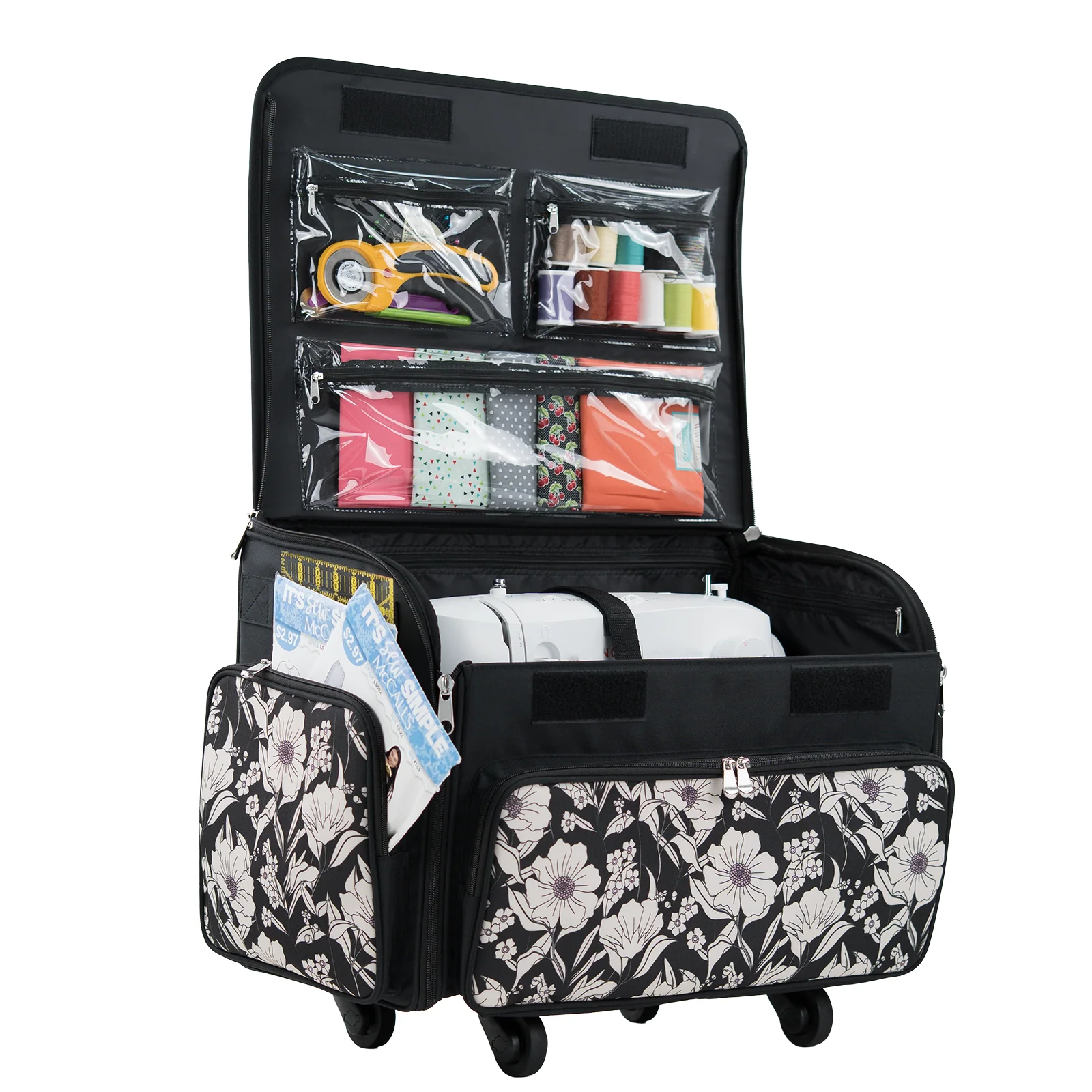 Everything Mary XL 4 Wheel Collapsible Rolling Sewing Machine Storage Case, Artistic Floral - Image 9