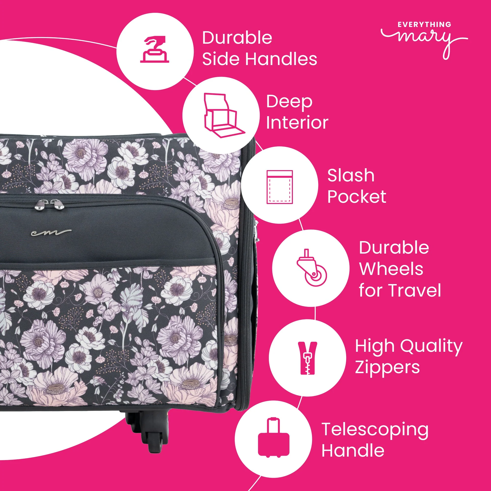 Everything Mary XL 4 Wheel Collapsible Rolling Sewing Machine Storage Case, Pink Floral - Image 3