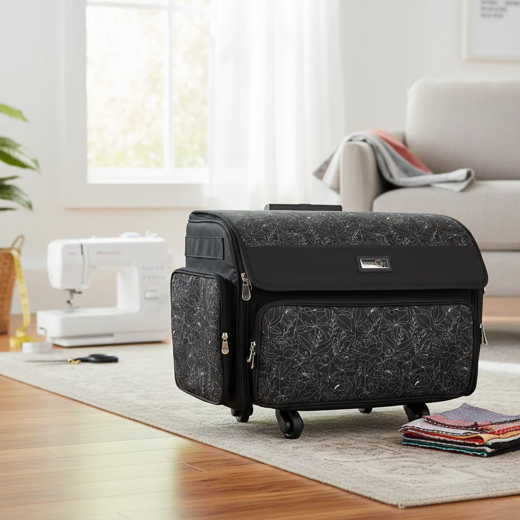 Everything Mary XL 4 Wheel Collapsible Rolling Sewing Machine Storage Case, Tan & Grey Floral - Image 2