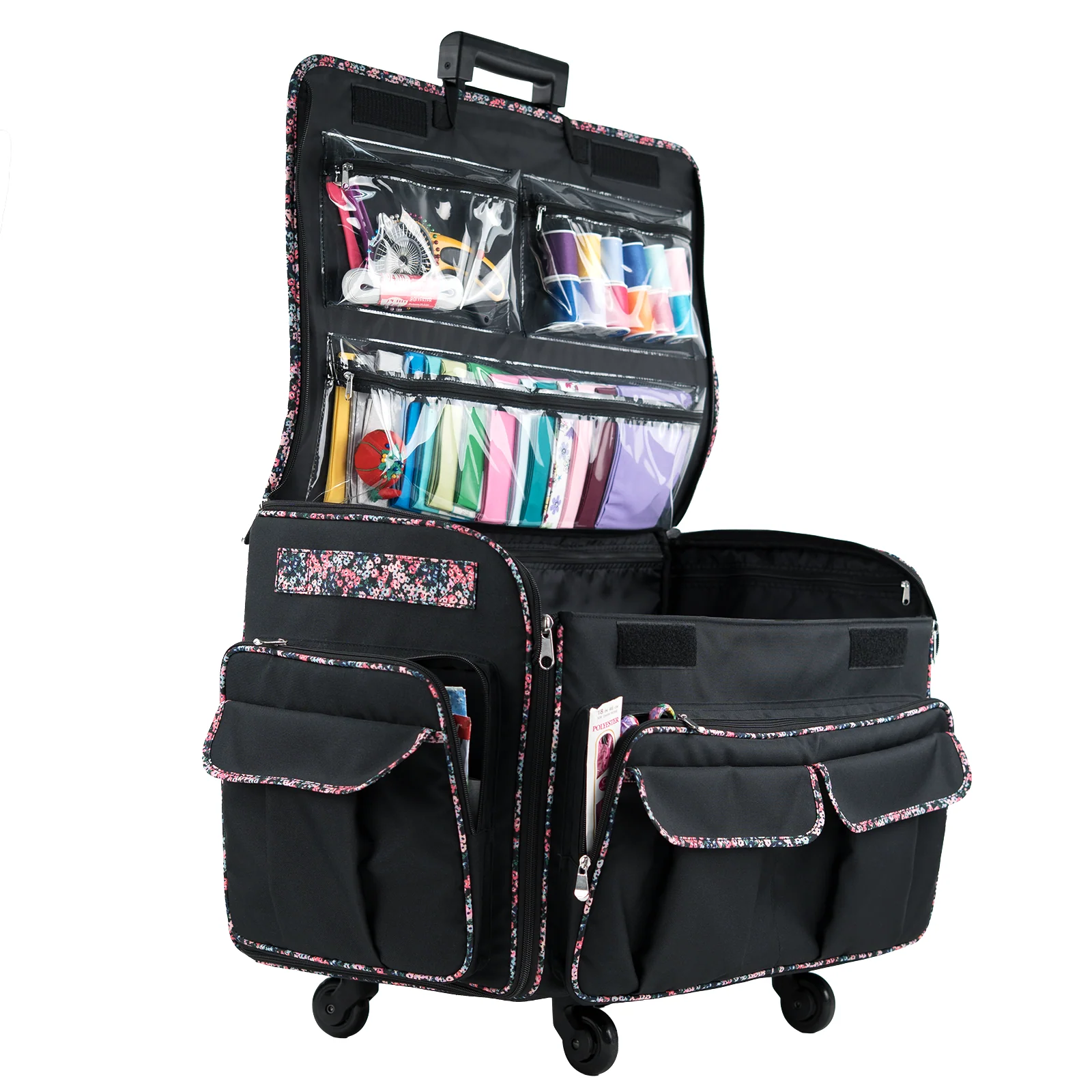 Everything Mary XXL 4 Wheel Collapsible Rolling Sewing Machine Storage Case, Black Floral - Image 7