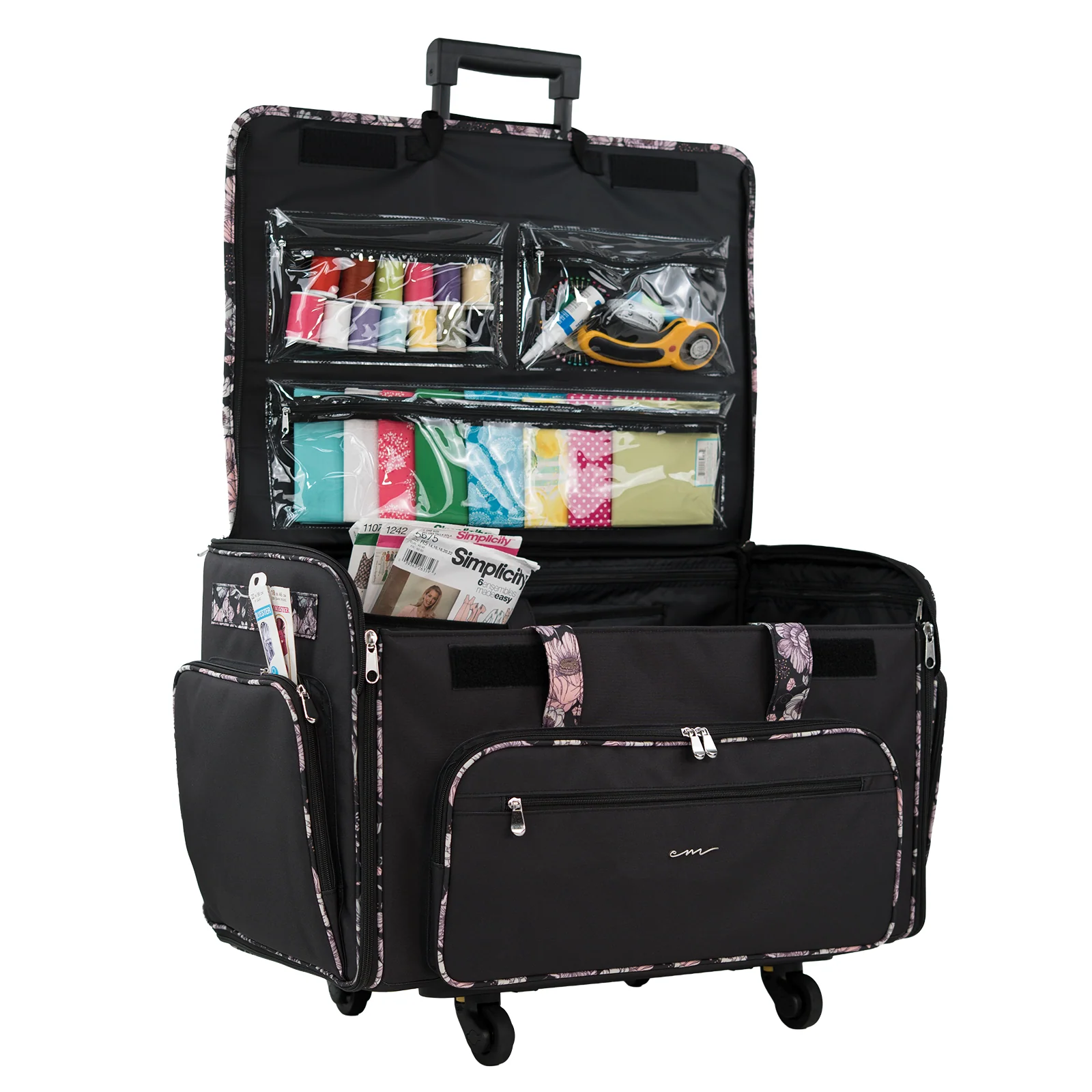 Everything Mary XXL 4 Wheel Collapsible Rolling Sewing Machine Storage Case, Black & Floral Trim - Image 9