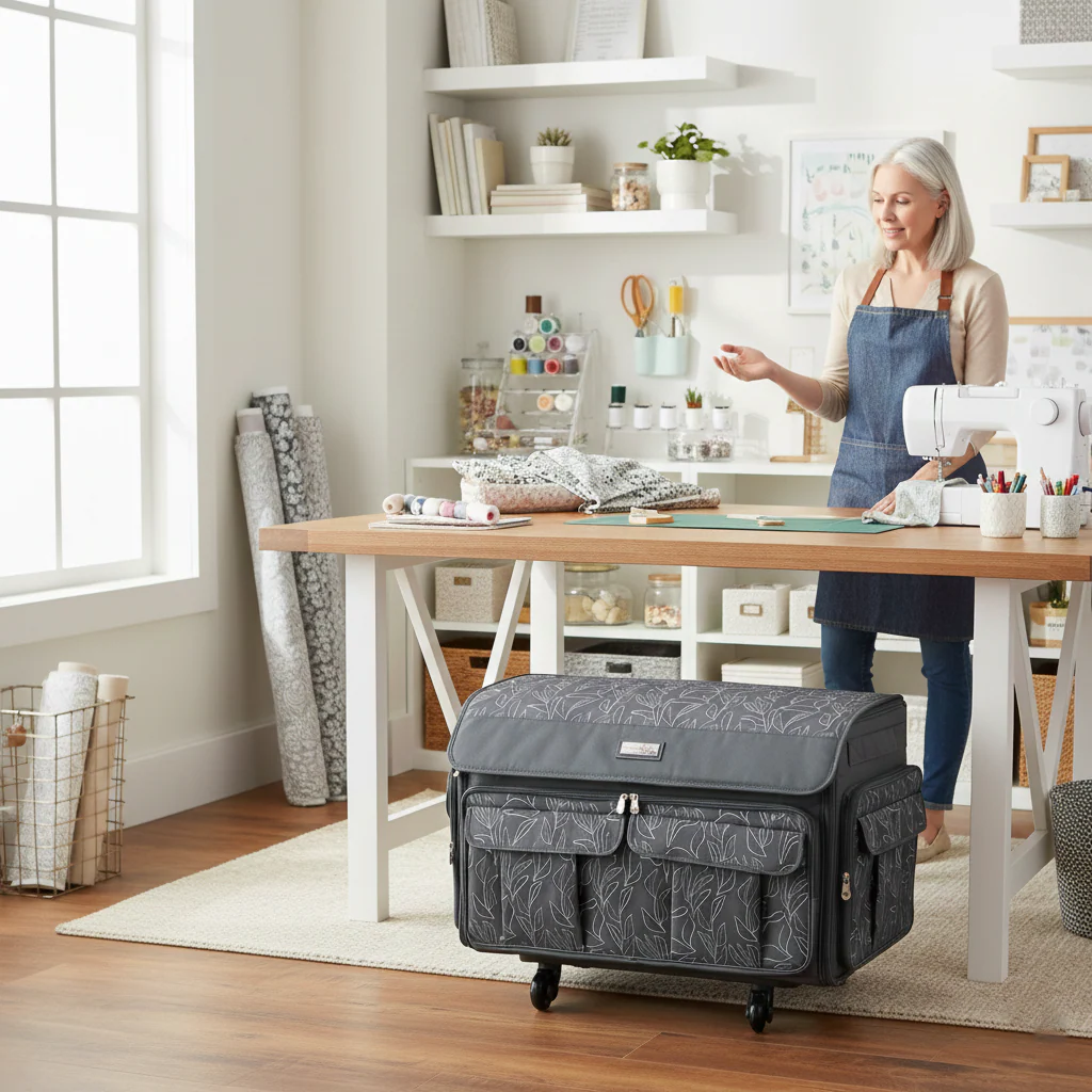 Everything Mary XXL 4 Wheel Collapsible Rolling Sewing Machine Storage Case, Grey Floral - Image 2