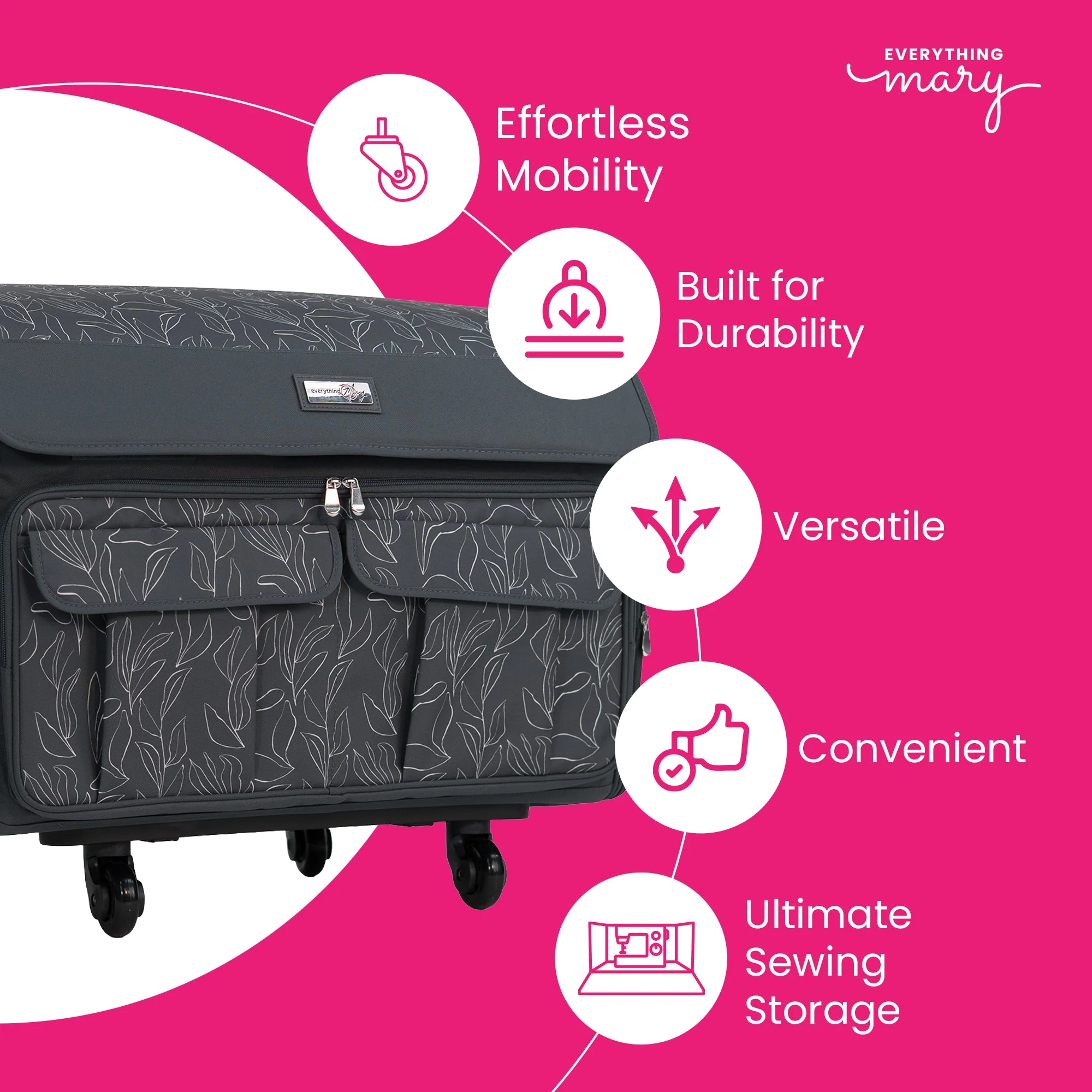 Everything Mary XXL 4 Wheel Collapsible Rolling Sewing Machine Storage Case, Grey Floral - Image 4