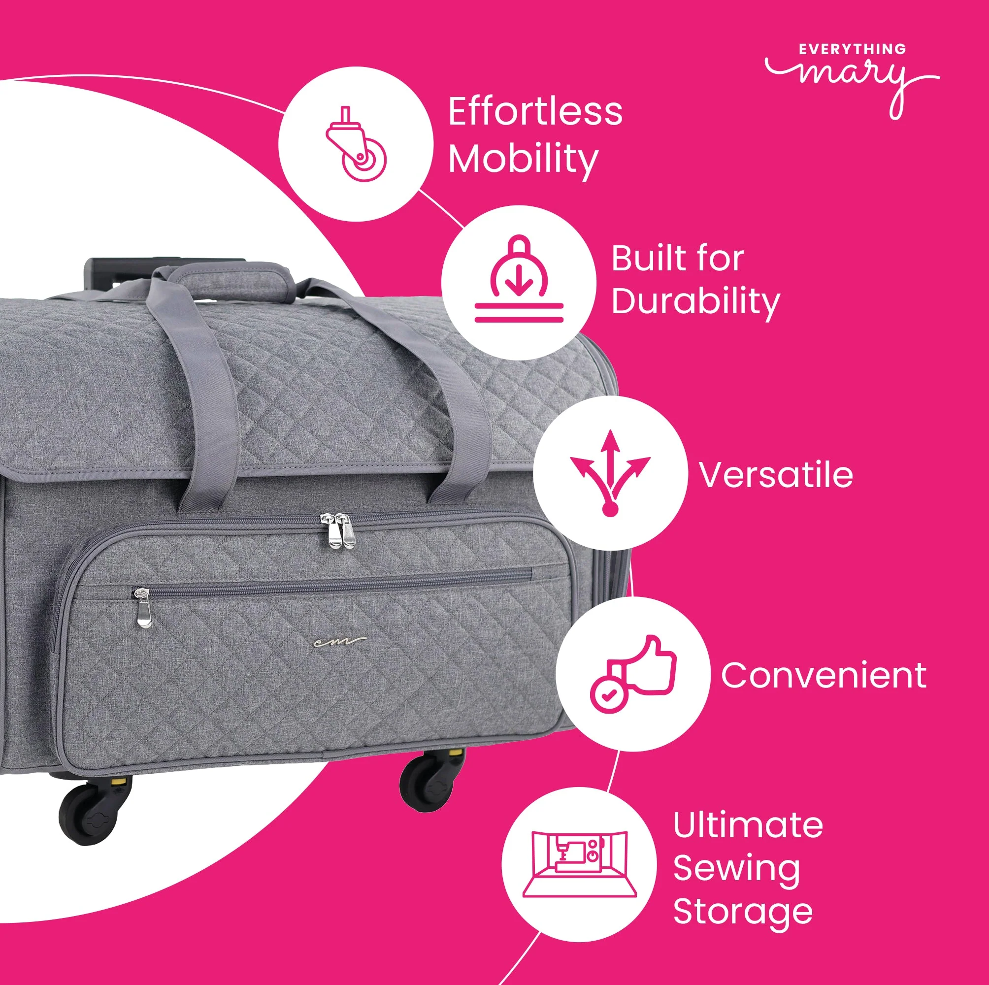 Everything Mary XXL 4 Wheel Collapsible Rolling Sewing Machine Storage Case, Grey Quilted - Image 3