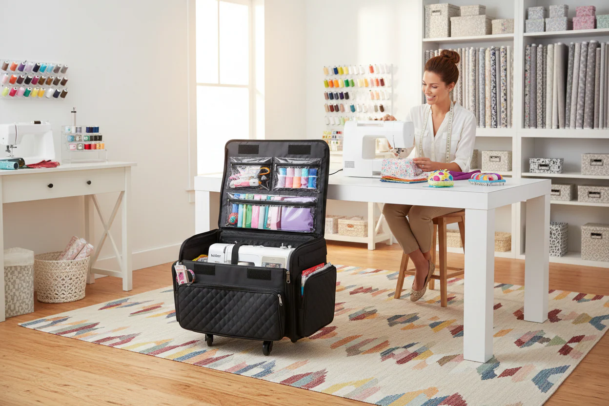 XL 4 Wheel Collapsible Deluxe Rolling Sewing Machine Storage Case, Black Quilted - Image 2