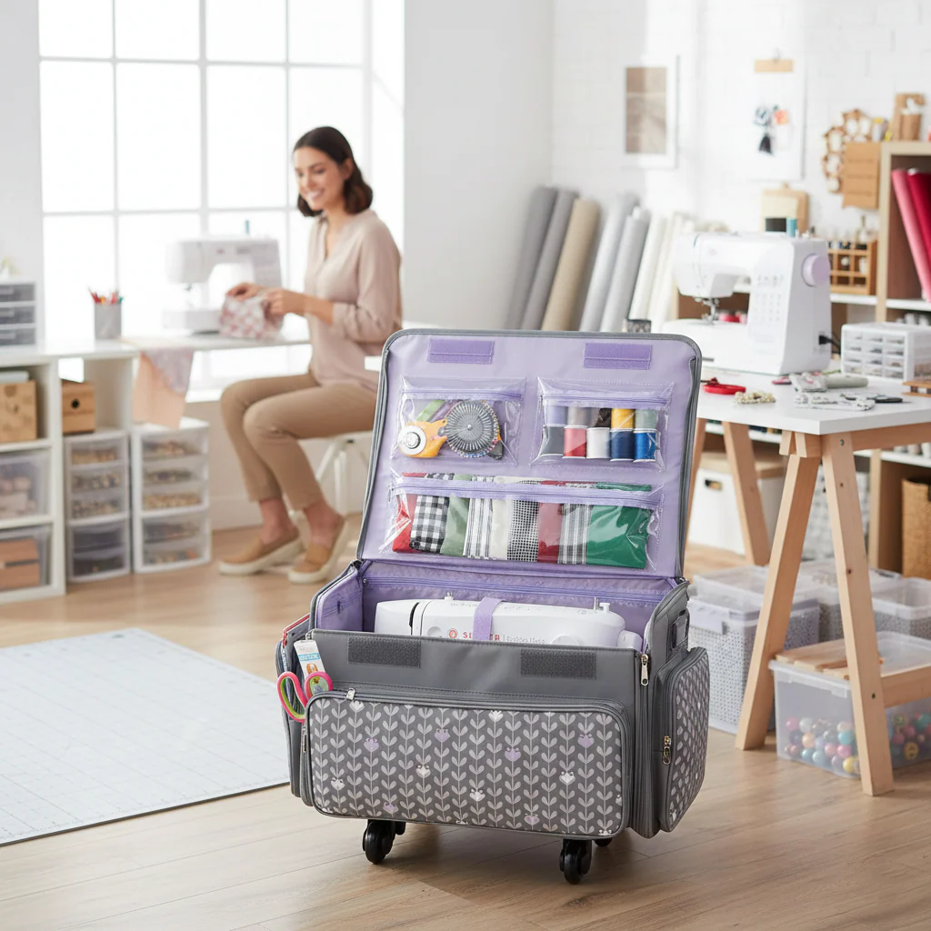 XL 4 Wheel Collapsible Deluxe Rolling Sewing Machine Storage Case, Purple Floral - Image 2