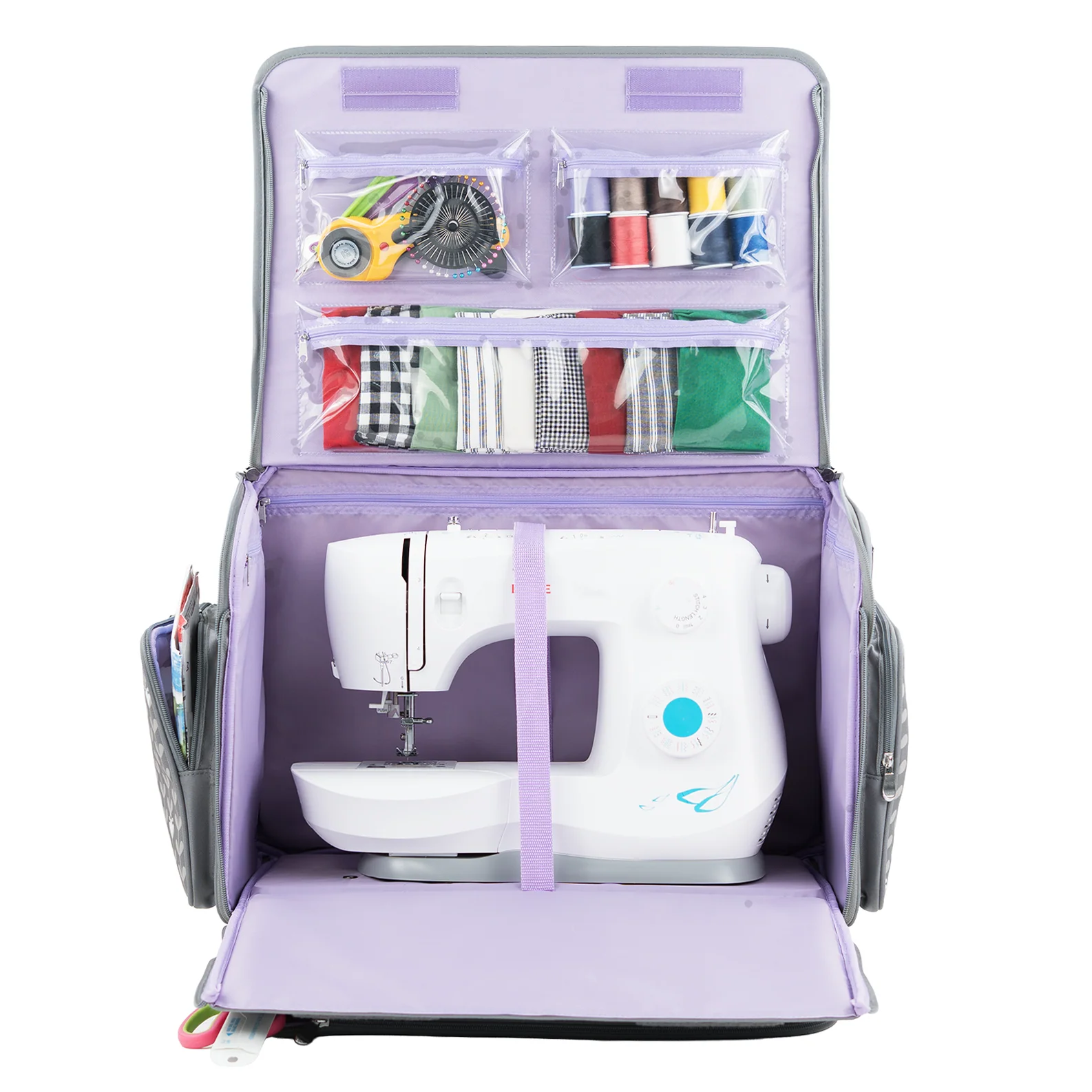 XL 4 Wheel Collapsible Deluxe Rolling Sewing Machine Storage Case, Purple Floral - Image 6